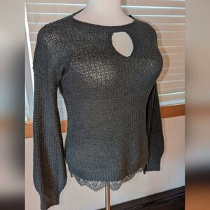 Hem & Thread Gray Knit Sweater with Lace Hem